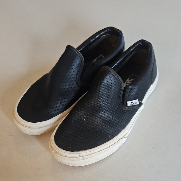 Vans Black Leather Slip Ons - Picture 1 of 13